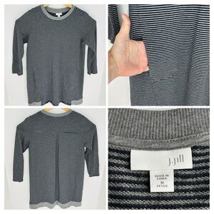 J. Jill Striped Sweatshirt Dress Size Petite Medium PM Black Gray Pockets‎ Tunic